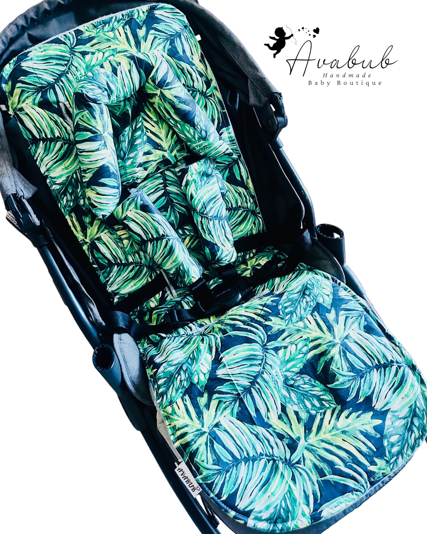 Palm Leaf Navy Pram Liner Set + Infant Head Support ✅